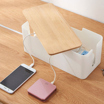 Cable management box with wooden lid, 23 x 12 x 11.7cm white plastic cable box desk cable organizer small cable box for hiding TV computer router cables sockets
