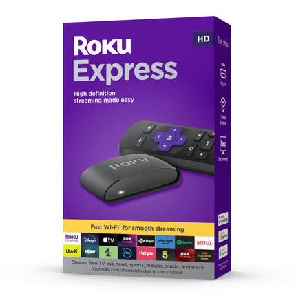Roku Express HD voogedastusseade kiire HDMI-kaabli ja tavalise kaugjuhtimispuldiga (mitte teleri juhtimisega), juhendatud seadistuse ja kiire WiFi-ga