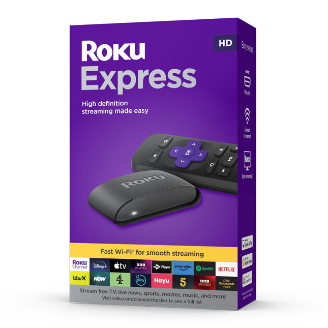 Roku Express HD voogedastusseade kiire HDMI-kaabli ja tavalise kaugjuhtimispuldiga (mitte teleri juhtimisega), juhendatud seadistuse ja kiire WiFi-ga