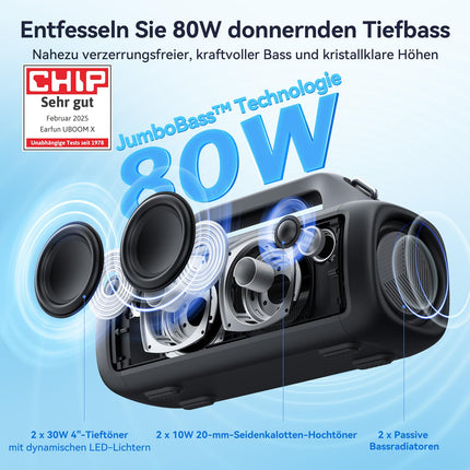 EarFun UBOOM X Bluetooth kõlar, 80W bass, JumboBass tehnoloogia, Oluv EQ, 30-tunnine aku, IP67 veekindel ja tolmukindel, RGB tuled, Musicbox Bluetooth, akupank, BT 5.3, kaasaskantav kõlar peoks