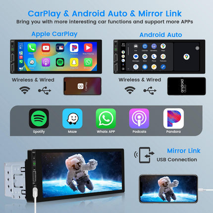 Hikity juhtmevaba CarPlay autoraadio 1 DIN ekraaniga, Android Auto raadio, Bluetooth vabakäesüsteem, 6,9-tolline puutetundlik ekraan, FM/EQ, 2 USB tahavaatekaamera