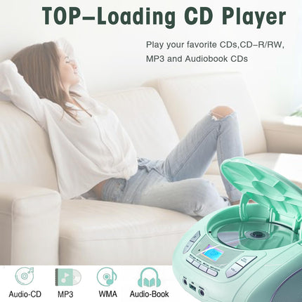 Compact Radio CD Player with Bluetooth, FM Radio, USB, AUX, Headphone Jack, CD-R/RW and MP3 CD Compatible, Portable Boombox (Green)