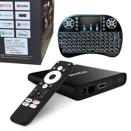 Leyf 4K Android TV Box originaallitsentsiga, mille on litsentseerinud Google LLC ja Netflix, Disney, Prime Video WiFi, Type-C, HDMI 2.1, USB 3.0, Ethernet, MicroSD/miniklaviatuur/nutiterv, Chromecast, YouTube