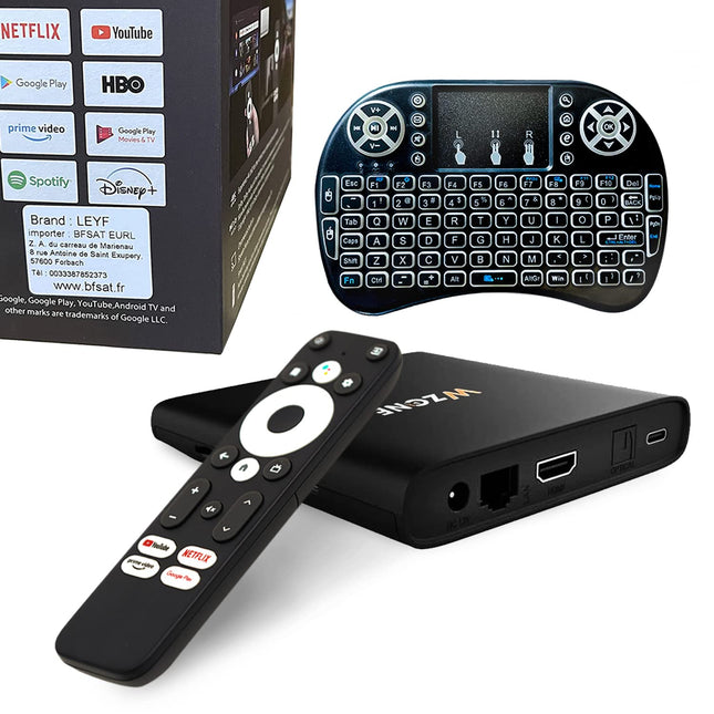 Leyf 4K Android TV Box originaallitsentsiga, mille on litsentseerinud Google LLC ja Netflix, Disney, Prime Video WiFi, Type-C, HDMI 2.1, USB 3.0, Ethernet, MicroSD/miniklaviatuur/nutiterv, Chromecast, YouTube