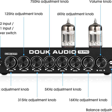 Douk Audio HiFi vaakumtoru ekvalaiser 7-ribaline ekvalaiser, XLR eelvõimendi, kodukino (T8 PRO)