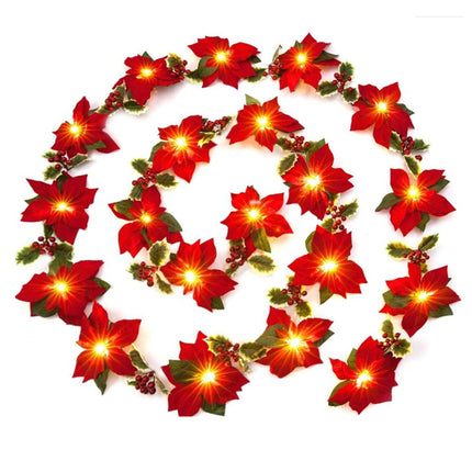 Poinsettia Christmas Wreath, Artificial Christmas Wreaths, Christmas Decoration, with Battery-Operated LED Lights, Indoor and Outdoor, American Party Decoration (3m + 20 Lights)