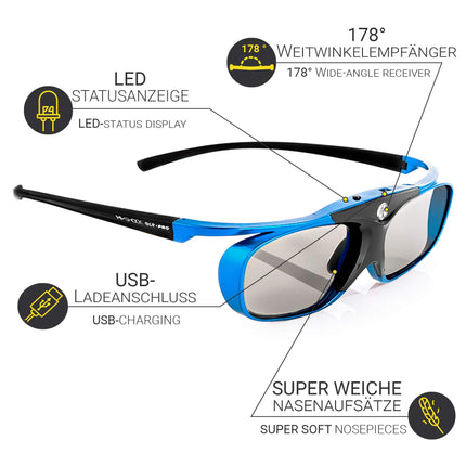 Hi-SHOCK DLP Pro Blue Heaven | DLP Link 3D-prillid Aceri, BenQ, Largo, Optoma, Viewsonici ja LG 3D DLP-projektoritele [Katikprillid | 96–144 Hz | Laetav | 32 g | DLP Link | Sinine]