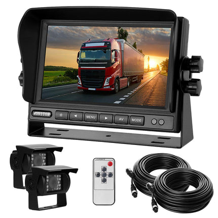 Dual Rear View Camera Kit with 7" TFT LCD Car Monitor &amp; Two 170° Wide-Angle Rear View Cameras, IP68 Waterproof, 18 IR Night Vision, for Truck/Trailer/Bus/Van/Agriculture (12-24 Volt)