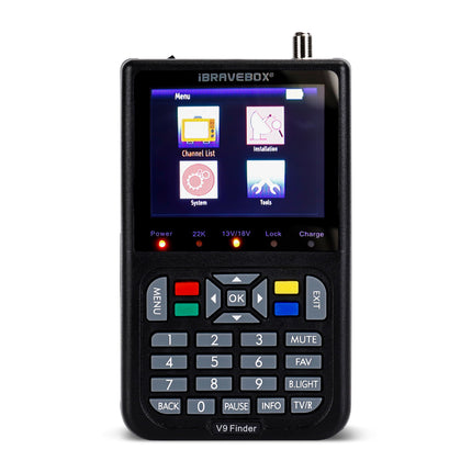 Digitaalne satotsija, V9 digitaalne satelliidisignaali otsija sisseehitatud liitiumioonakuga, 3,5-tolline LCD-ekraan, Full HD, 16-bitine, OSD 64 MB, 1 GB, DDR3, toetab H.265 (must)