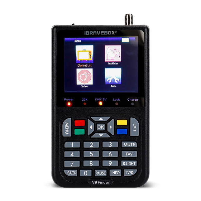 Digitaalne satotsija, V9 digitaalne satelliidisignaali otsija sisseehitatud liitiumioonakuga, 3,5-tolline LCD-ekraan, Full HD, 16-bitine, OSD 64 MB, 1 GB, DDR3, toetab H.265 (must)