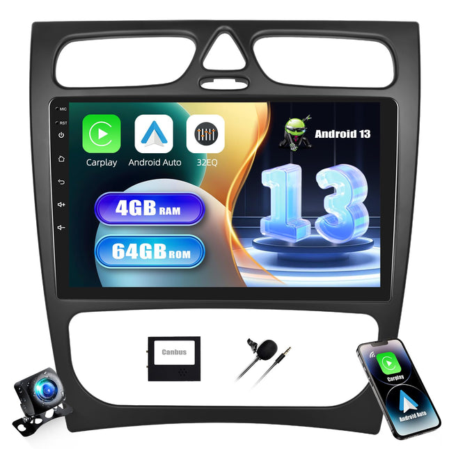 [4+64G] SIXWIN Android 13 autoraadio CarPlay/Android Auto/peegliühendusega Mercedes-Benz C-klassile/CLK-le (2002-2004), 9-tolline HD puuteekraan, toetab WiFi-d, GPS-i, Bluetooth 5.0, FM/RDS 32EQ+tagurduskaamerat