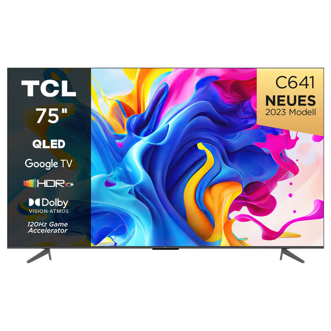 TCL C641 QLED 4K UHD teler 75 tolli (189 cm), 120 Hz mängimine, HDR10+, Dolby Vision, Dolby Atmos, nutiteler, kolmekordne tuuner DVB-T2/S2/C, Google TV, must, 2023