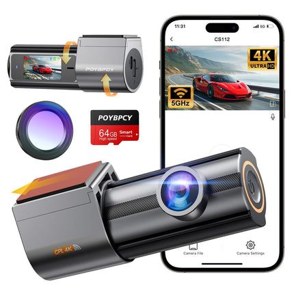 Auto esikaamera 4K WiFi-ga, 360° pööratav, 64 GB SD-kaardiga, 1,47-tolline IPS mini-autokaamera CPL-iga, superöine nägemine, WDR, 170° lainurk, G-andur, tsükkelsalvestus, rakenduse juhtimine, max 256 GB