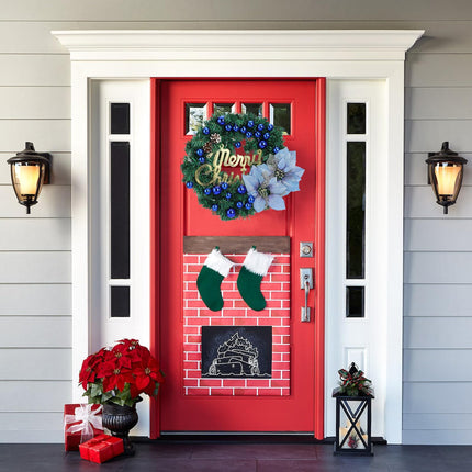 Christmas wreath for the front door with poinsettia, pine cones, pre-lit artificial Christmas wreath for hanging, Christmas wreath for the front door with LED lights, hanging (blue)