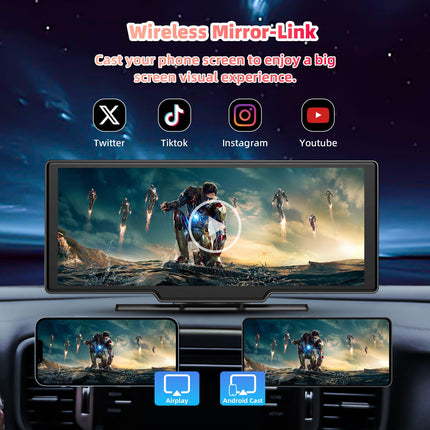 10,26-tolline Carplay ja Android Auto ekraan koos juhtmevaba CarPlay ja Android Auto toega, 4K esikaamera, 1080P tahavaatekaamera, Bluetooth, Mirror Link, FM-saatja, AUX-kaabel, TF-kaart