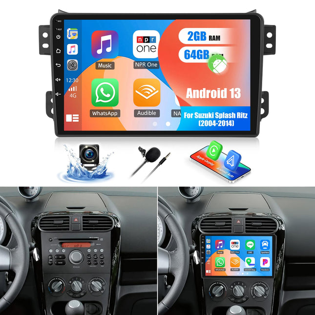 SIXWIN 2+64G Android 13 autoraadio Suzuki Splash Ritz 2004-2014 jaoks koos Carplay/Android Auto/Mirrorlinkiga, 9-tolline mahtuvuslik puuteekraan, toetab WiFi/GPS/FM/Bluetooth/SWC + AHD tahavaatekaamera + MIC-P1