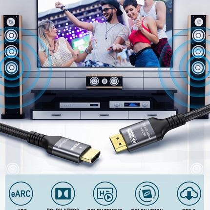 Adauxter 10K 8K HDMI 2.1 kaabel 7,5M, sertifitseeritud 48 Gbps ülikiire HDMI-kaabel Ethernetiga 4K 240 Hz 165 Hz 144 Hz 120 Hz 8K 60 Hz eARC HDCP2.3 HDR10+ arvuti sülearvuti teler monitor projektor PS5 X-Box