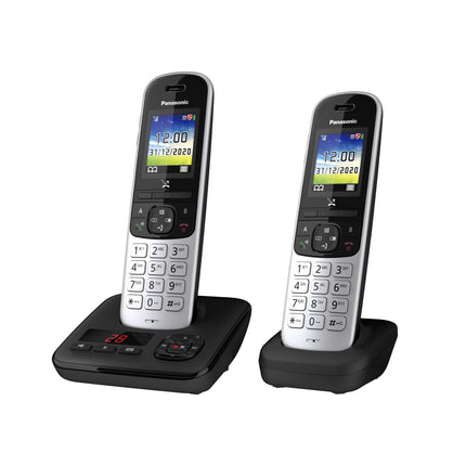 Panasonic KX-TGH722GS Cordless Phone Duo with Answering Machine (DECT Phone, Low Radiation, Color Display, Call Blocking, Hands-Free) Black
