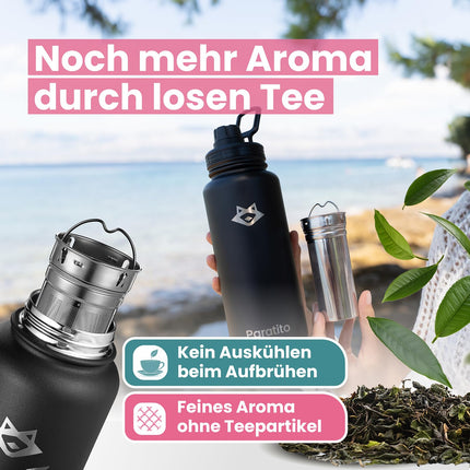 PARATITO® teepudel teesõela ja spordikorgiga 1000ml, lekkekindel, gaseeritud jookidele, nõudepesumasinas pestav - roostevabast terasest termospudel teele, külmpruulitud teele, kaasaskandmiseks (enimmüüdud komplekt sinine)