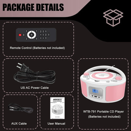 Kaasaskantav CD-mängija Boombox Bluetoothiga | Pult | FM-raadio | USB | MP3 taasesitus | Ühildub CD-R/CD-RW plaatidega (roosa + valge)