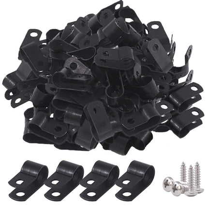 Glarks 60 Pieces 5/16 Inch Black Nylon Screw Fastener R-Type Cable Clamp Wire Clamp with 60 Pieces Screws for Wire, Cable, Conduit and Cable Line Kit (Black)