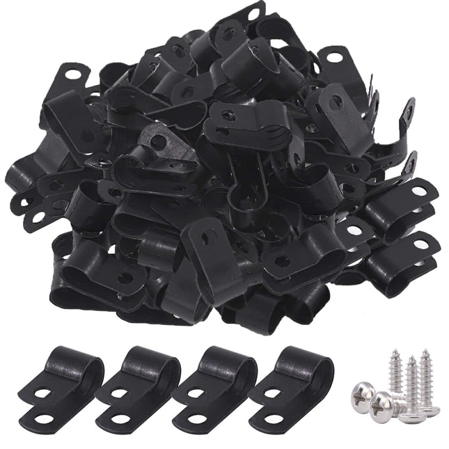 Glarks 60 Pieces 5/16 Inch Black Nylon Screw Fastener R-Type Cable Clamp Wire Clamp with 60 Pieces Screws for Wire, Cable, Conduit and Cable Line Kit (Black)