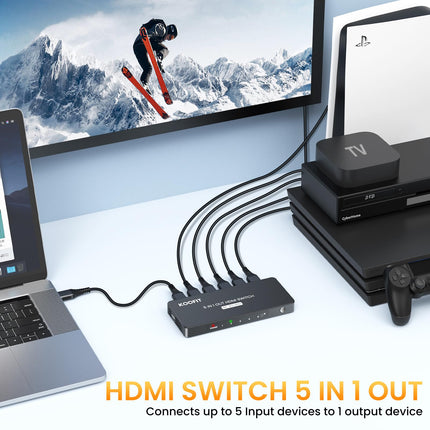 HDMI-lüliti automaatne, 4K HDMI-jaotur 5 sisse ja 1 välja lüliti kaugjuhtimispuldiga, jaotur 5 pordi valikukast toetab 4K 3D HDR-i TV Stick HDTV Xbox Series PS5 jaoks