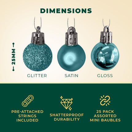 Festive Fix 25 jääsinist miniatuurset purunemiskindlat jõuluehte - läikivad, matid ja sädelevad jõuluriputused - kerged ja vastupidavad jõulukaunistused jõulupuudele, koju, pidulikule otstarbele
