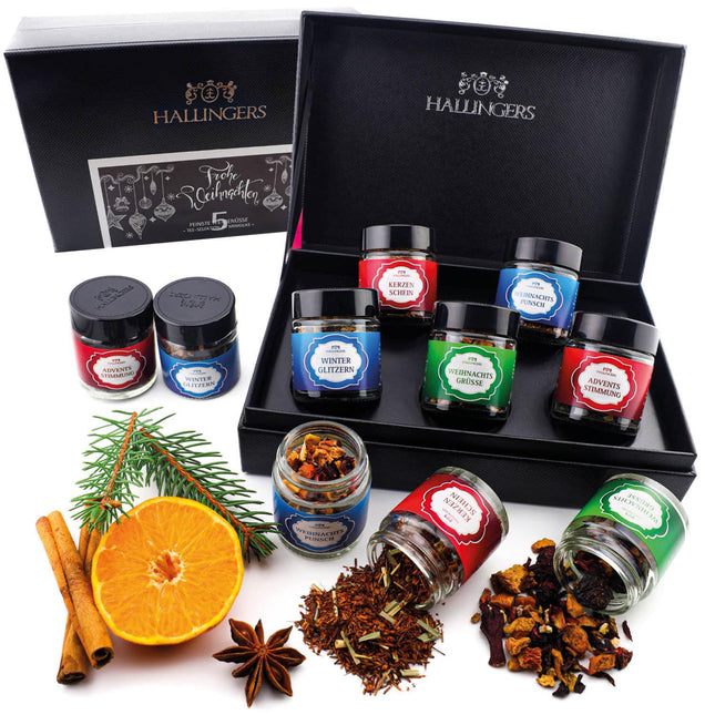 Hallingers Merry Christmas WHITE - jõulukinkekomplekt 5 teesordiga vegankarbis, jõulukink keeratava korgiga purkides (komplekt) - emadepäeva- ja isadepäevakingitused | Taastumine