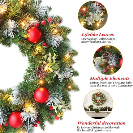 40CM door wreath Christmas illuminated, artificial Christmas wreath Advent wreath with Christmas tree balls and branches decorative wreath, Christmas decoration, Christmas decoration fir garland with lighting (A)
