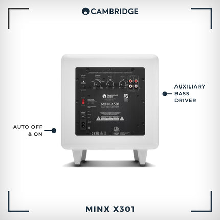 Cambridge Audio Minx X301-300-vatine aktiivsubwoofer lisabassdraiveri ja täielikult reguleeritava heliga - valge