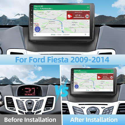 Podofo 2+64G autoraadio Ford Fiestale 2009-2014 koos juhtmevaba Carplayga, 9-tolline Android 13 autoraadio ekraani, Bluetoothi, HiFi, Android Auto, WiFi, GPS, RDS + tahavaatekaamera ja mikrofoniga
