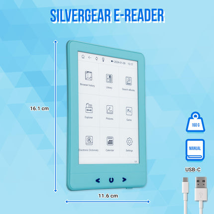 Silvergear® Backlit eBook Reader | 6-inch E-Ink Touchscreen | 4 GB Storage for 3,000+ eBooks | E-Reader | Anti-Glare and Lightweight | Blue