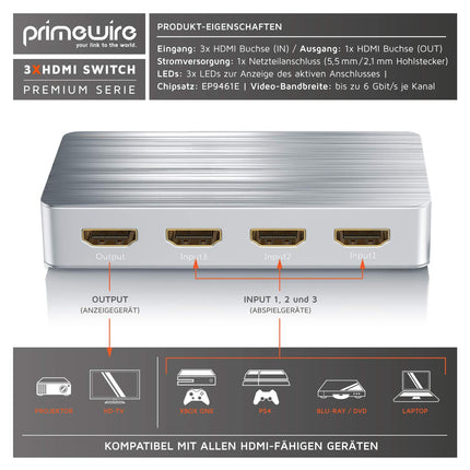 CSL - HDMI-lüliti 4k 60Hz kaugjuhtimispuldiga - 3 sisendit, 1 väljund - 3 pordiga Ultra HD-lüliti - automaatne lülitus - Ultra HD 4096x2160-36-bitine sügavvärv - HDCP