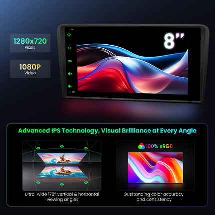 XTRONS 8-tolline IPS HD-ekraan Android 14 autoraadio Octa Core 4GB 64GB sisseehitatud 4G DSP automäng Android Auto WiFi Bluetooth GPS valikuline DAB OBD TPMS DVR Audi A3 S3 RS3 jaoks