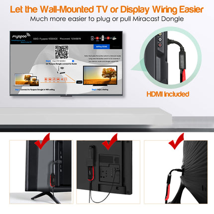 FIYAPOO 4K juhtmevaba HDMI-ekraaniadapter, Miracasti/WiFi-adapter iPhone'ile/iPadile/Androidile/iOS-ile/Windowsile/Macile, sülearvutile/arvutile/Fire Stickile, ühildub teleri/monitori/projektoriga, toetab Airplayd, DLNA-d, Miracasti