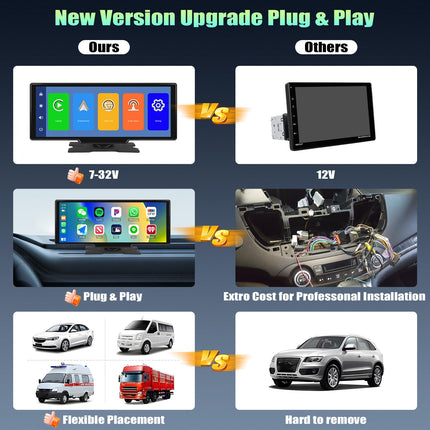 Portable Car Radio with Apple CarPlay and Android Auto Wireless, 10.4 Inch Touchscreen Car Media Player with Mirror Link, Bluetooth, FM, GPS, Wi-Fi, AUX Cable, 64GB TF Card, DC 7-33V