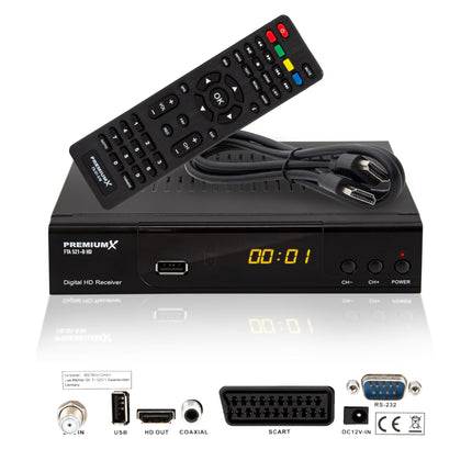 PremiumX satelliitvastuvõtja HD 521 B FTA digitaalne SAT-TV vastuvõtja DVB-S2 FullHD HDMI SCART 2X USB multimeediamängija, 12V väline toiteallikas
