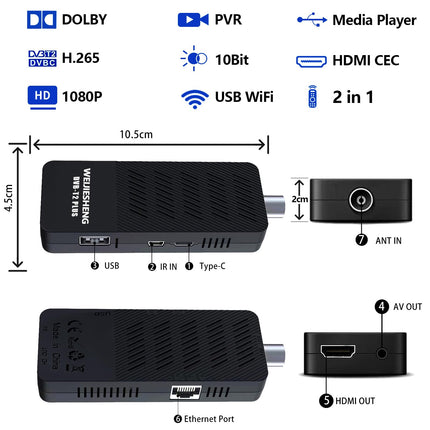 Digitaalne maapealne dekooder 2024, DVB-T2 mini-TV-pulk, HD 1080P H.265 HEVC 10-bitine, toetab HDMI, AV, Etherneti, USB Wi-Fi, projektorit, PVR-i, multimeediat [2-ühes kaugjuhtimispult teleri juhtimisega]