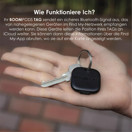 Boompods Boomtag Rechargeable Key Finder - Ocean Plastic Bluetooth Tracker Compatible with Apple Find My App, Waterproof Key Finder, Mini Tracking Device for Keys, Bags, White