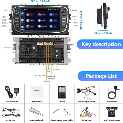 2+64G Android 13 autoraadio Ford Focus II Mondeo 9 S-Max C-Max Kuga 2008-2011 koos Carplay Android Auto, 7-tollise puutetundliku ekraaniga raadio Bluetooth FM/RDS/HiFi WiFi/GPS+AHD tahavaatekaamera ja mikrofoniga