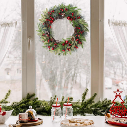Weldomcor 60CM Christmas Wreath Door Wreath, Large Christmas Garland Fir Wreath with Christmas Balls Pine Cones Berry for Front Door Fireplace Wall Decoration