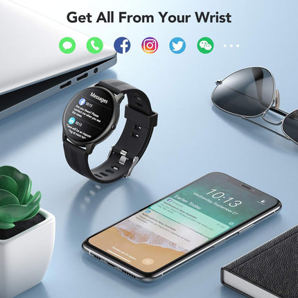 AGPTEK Smartwatch, 1.3-inch Round Watch with Personalized Screen, Music Control, Heart Rate, Pedometer, Calories, etc. IP68 Waterproof Fitness Tracker for iOS and Android, Black