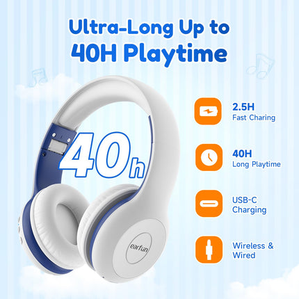 EarFun Bluetooth kõrvaklapid lastele, 85/94dB helitugevuse reguleerimine, HiFi heli, HD mikrofon, 40 tundi aku tööiga, kokkupandavad, reguleeritavad, juhtmevabad Bluetooth kõrvaklapid lastele kooli/reisimiseks/arvuti jaoks, valged