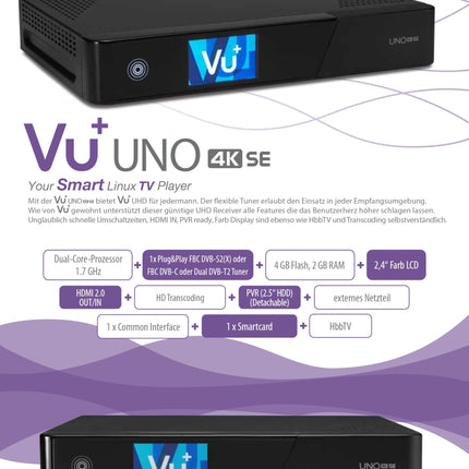 VU+ UNO 4K SE 1x DVB-S2 FBC kaksiktuuner 1TB kõvakettaga Linux vastuvõtja UHD 2160p