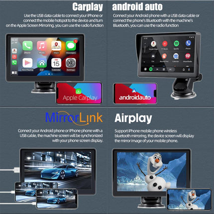 Kaasaskantav juhtmevaba autoraadio Apple CarPlay ja Android Auto ühendusega, 7-tollise IPS-puutetundliku ekraaniga autoaudio vastuvõtja, toetab Bluetoothi, FM-i, GPS-i ja Mirror Linki