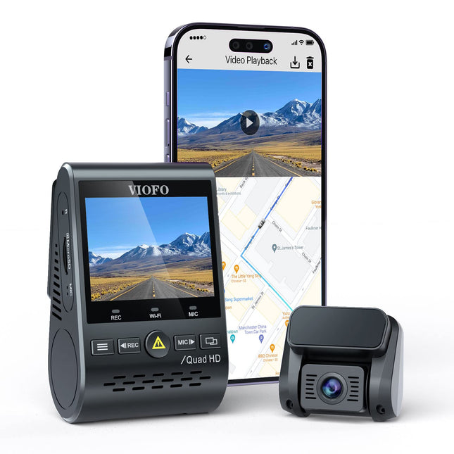 VIOFO A129 Plus Duo kahekordne WiFi WLAN-i autokaamera, GPS-moodul 2K 1440P 60fps + 1080P eesmine ja tagumine autokaamera, rakendusega telefoni jälgiv autokaamera, G-anduriga parkimisrežiim, hädaolukorra salvestav autokaamera, superkondensaator