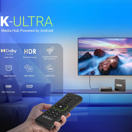 MINIX U8K-Ultra 8K Androidi meediapleier tehisintellektiga pildikvaliteedi täiustaja ja tehisintellektiga eraldusvõime suurendajaga, 8 GB RAM, 128 GB eMMC, AOSP 11 toega, mitte-Android TV süsteem, Dolby Vision ja Dolby Atmos sertifitseeritud