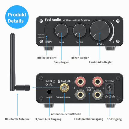 Fosi Audio BT10A Bluetooth 5.0 stereoheli võimendi vastuvõtja 2 kanaliga D-klassi mini Hi-Fi integreeritud võimendi sobib kodukõlaritele 50W x2 TPA3116