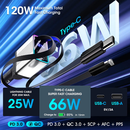 Massway sigaretisüütaja USB-C 120W autolaadija, 4-ühes sissetõmmatav autolaadija mobiiltelefoni kiirlaadija autolaadija, mis ühildub iPhone 16/15/14/13/Samsung S24/S23/Google Pixel9/8-ga (hõbedane)